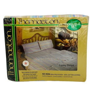 Vintage Thomaston Lucky Stripe Double Full Bed Sheet Set Pillowcases Flat Fitted